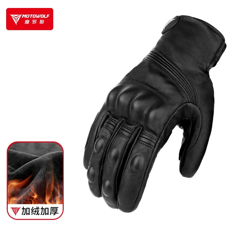 MOTOWOLF Motorcycle Winter Cycling Riding Windproof Warm Long Leather Gloves Thickened Plush Fall Resistant All Finger Guantes