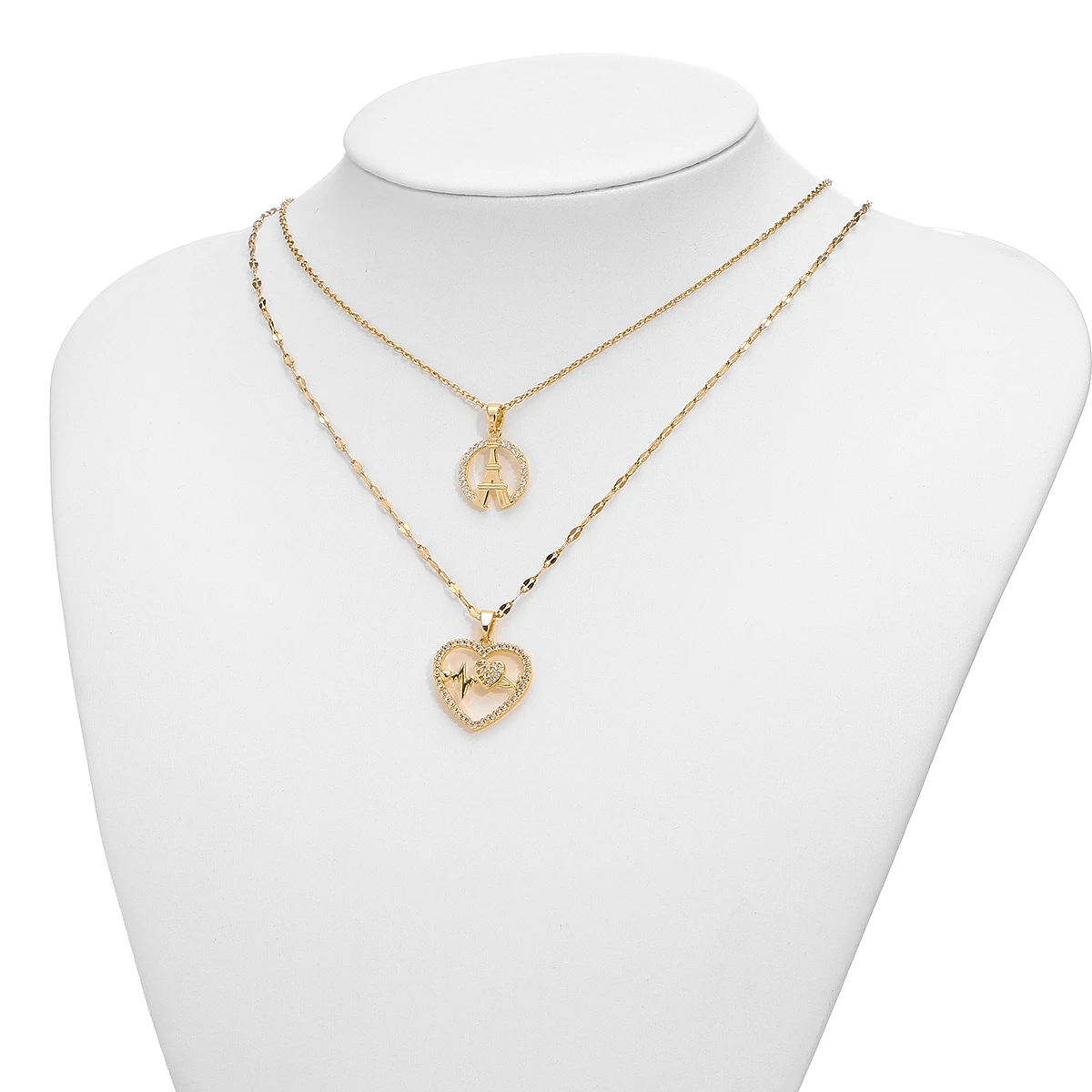 Women's Light Luxury Double Layered Necklace Set Heart-Shaped & Iron Tower Design Detachable Wearable Jewelry Gift