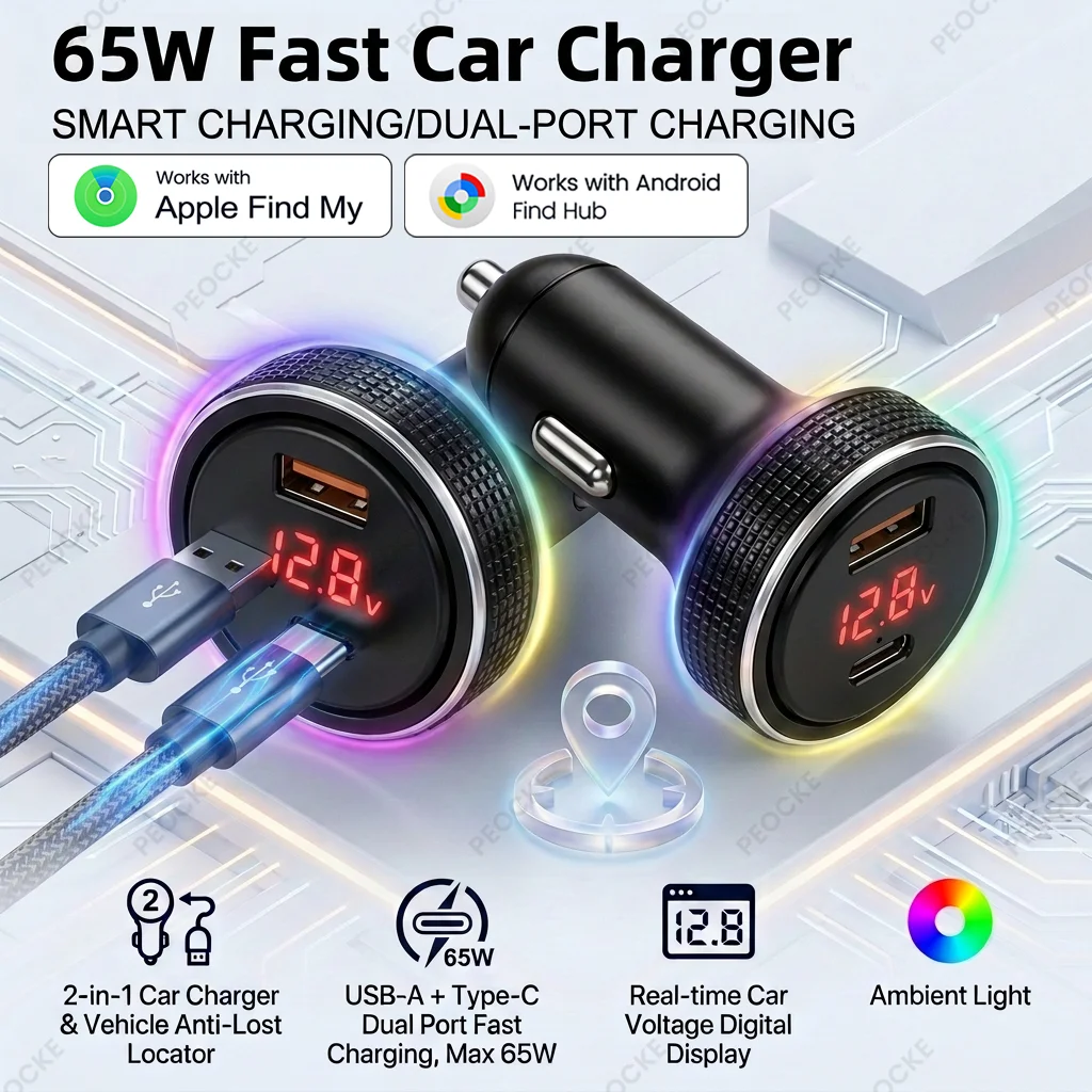 Автомобильное зарядное устройство 2-в-1 с GPS-трекером и функцией поиска, USB Type-C, быстрая зарядка 65 Вт, совместимо с Apple Find My и Google Find Hub
