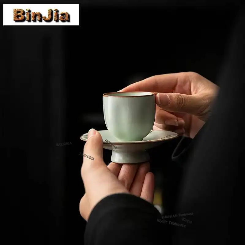 ru-kiln-azure-tea-cup-zen-ceramic-flower-petal-cup-small-tasting-mug-with-coaster-ancient-tea-pair-smelling-cup-teaware-craft