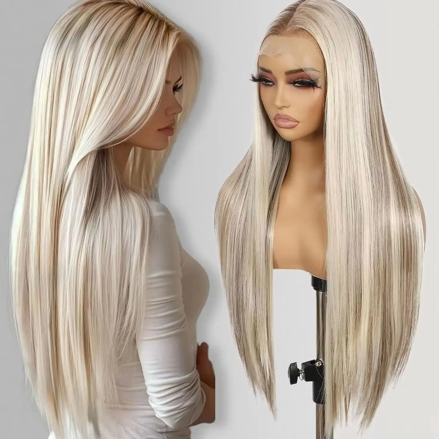 

Straight Lace Front Wigs Glueless Synthetic Wigs Ombre Platinum Blonde 13×4 HD Pre Plucked Glueless Heat Resistant Daily Use