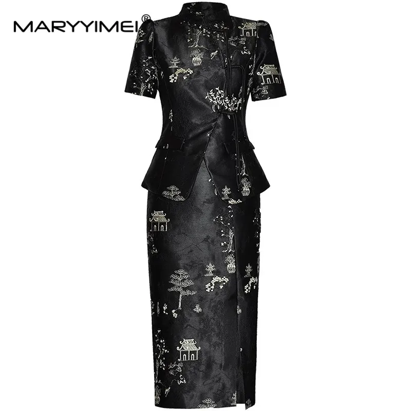 

MARYYIMEI Summer Women's Suit Stand collar Button up Top+Package hip Split Skirt Chinese Style Embroidered Two Pieces Set