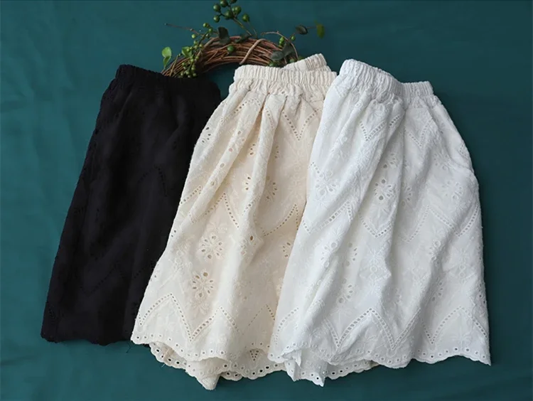 100% Cotton Linen Women Japanese Mori Girl Floral Embroidery Eyelet Wide Culottes Female Loose Edwardian Ibiza Boho Shorts Skirt