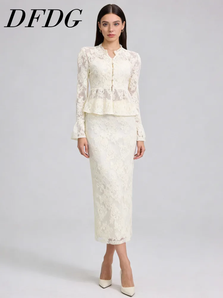 

DFDG Women's Spring Summer Mandarin Collar Lace Peplum Top Lace Fitted Midi Skirt Set Elegant 2026 Trendy Feminine Fashion Set