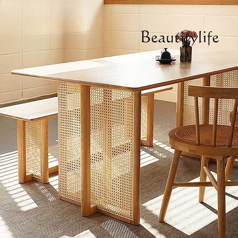N36 Nordic medieval rattan dining table household simple small apartment rectangular solid wood dining table