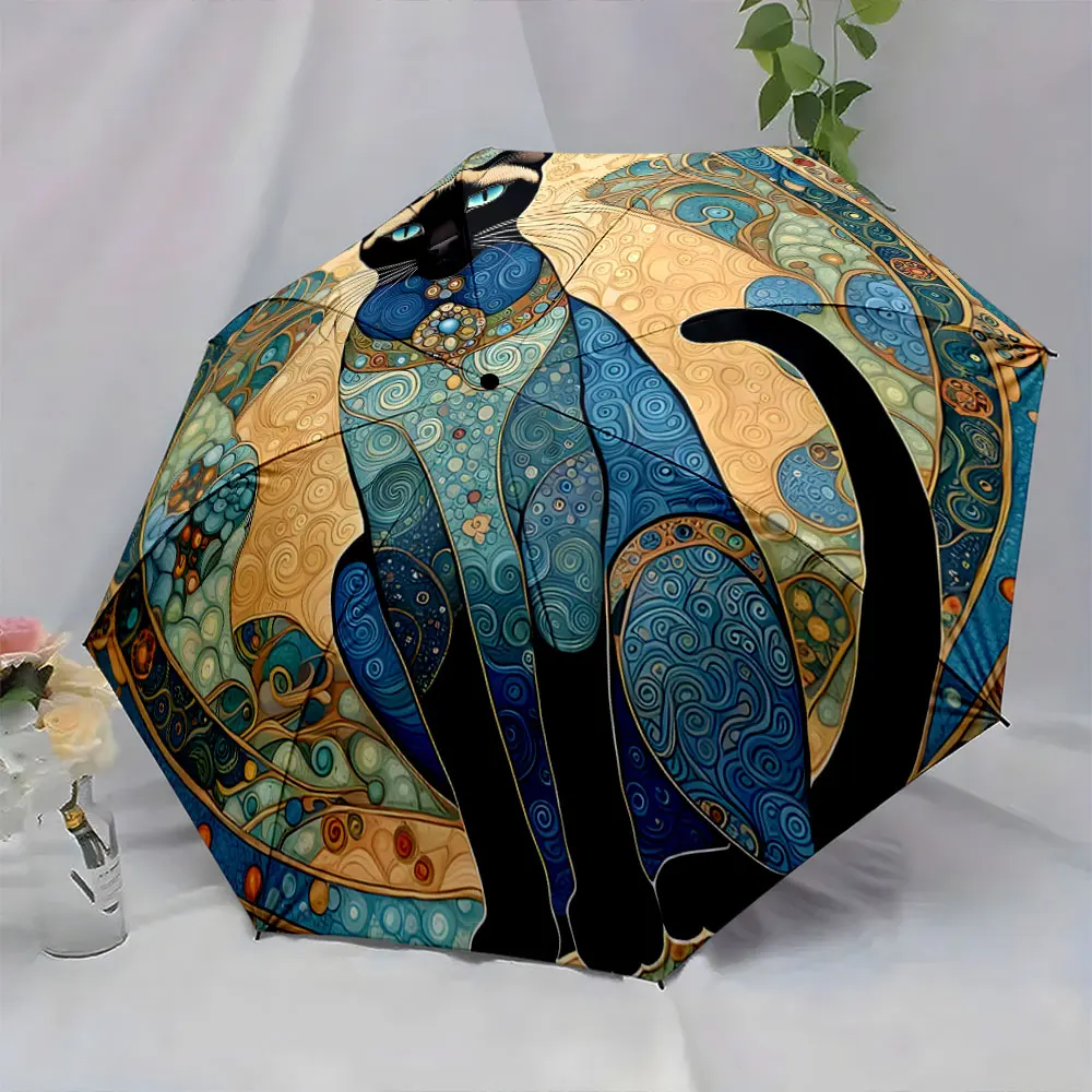 1PC Artistic cat pattern umbrella with intricate blue designs Print 8 Iron Ribs Folding Umbrella Auto-Open Fashion Sunshade