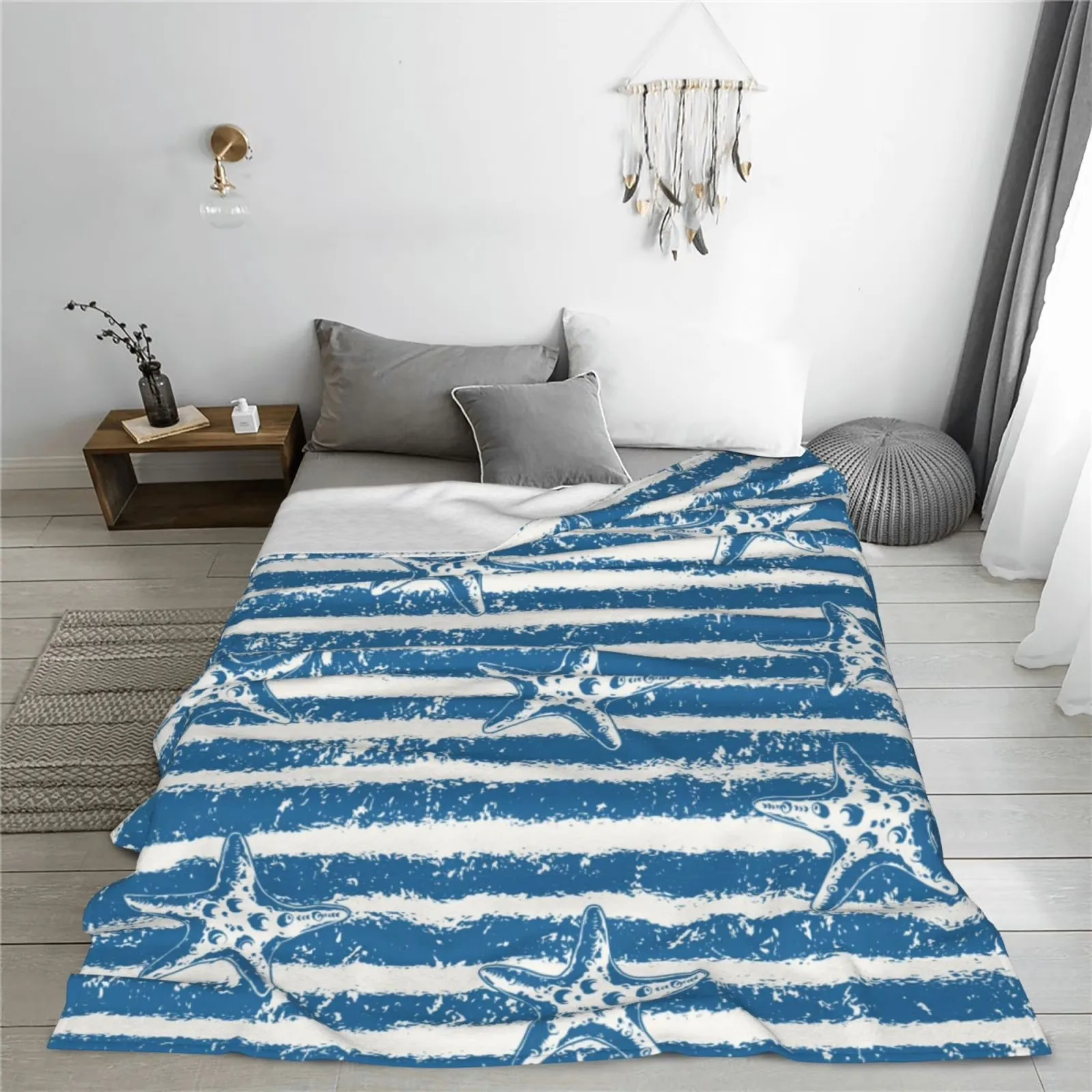 Nautical Starfish Striped Sherpa Fleece Throw Blanket Plush Fluffy Outdoor Travel Blanket