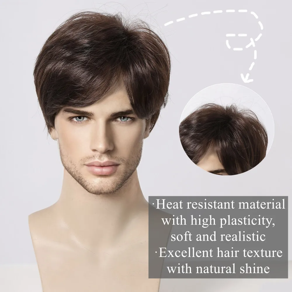 ALAN EATON Men's Dark Brown Synthetic Wig Natural Short Layered Wig Pixie Cut Hair Heat Resistant Fiber Fluffy Full Wig for Male