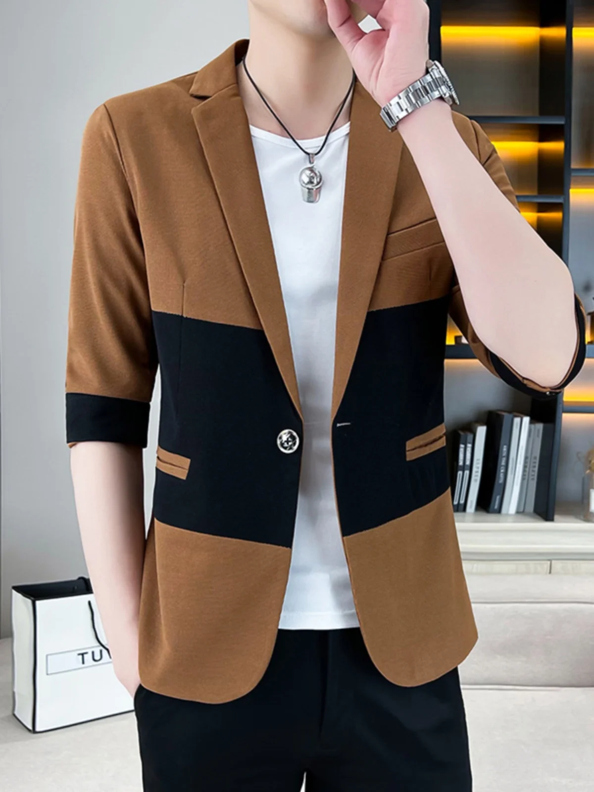 

Мужской летний тонкий костюм Slim Fit с принтом, повседневный пиджак с коротким рукавом, молодежная верхняя одежда с длинным рукавом для отдыха