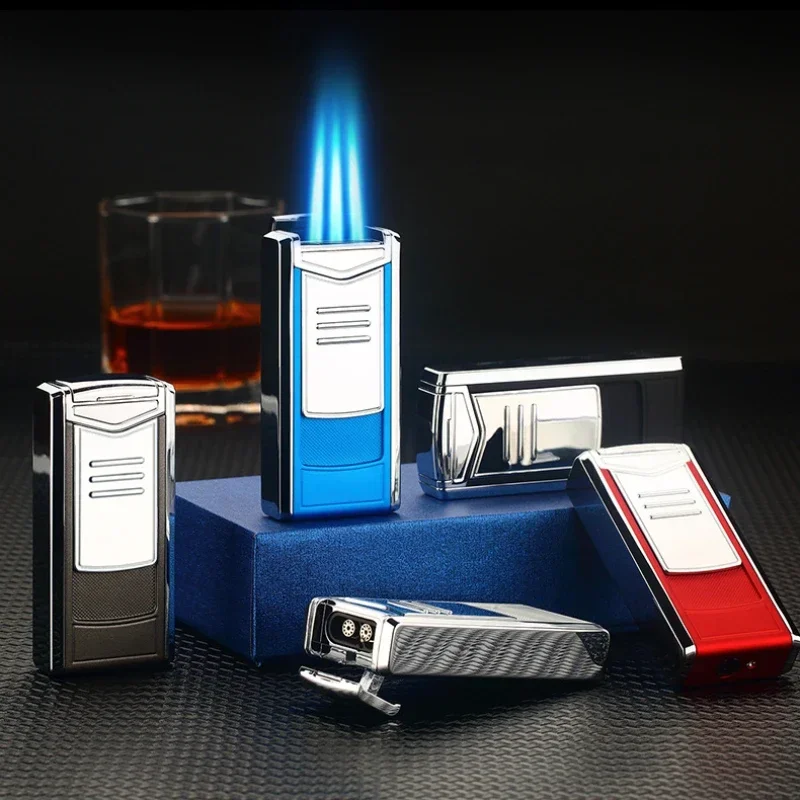 Metal Gas Turbo Torch, Cigar Lighter, Windproof, Three Straight Flush, Blue Flame, Multifunction Inflation Lighter, Men's Gift