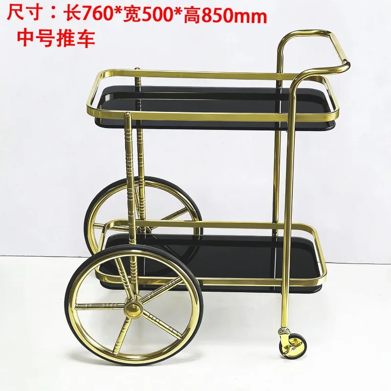 Trolley Titanium Wine Cart Stainless Steel Hotel European Dining Trolley Double Layer Service Tea Cart Dessert Cart