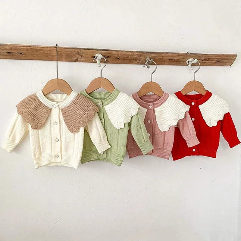 

Autumn New Fashion Princess Knit Tops Girls Baby Sweater Cardigan Large Ruffled Collar Sweater Children Clothing Knitted Jacket