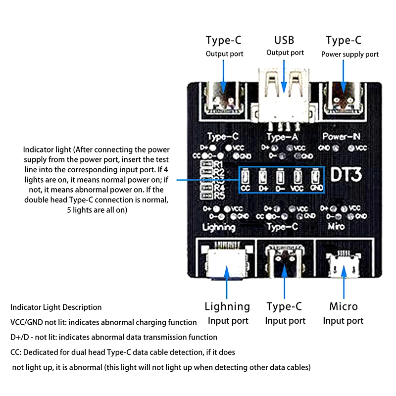 DT3 كابل بيانات كشف مجلس كابل يو اس بي تستر ل نوع C مايكرو USB C ماس كهربائى على الخروج التبديل تشخيص لوحة اختبار أداة #3