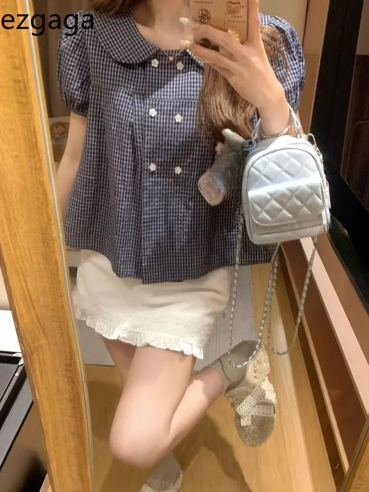 

Ezgaga Shirts Women Fashion Plaid Puff Short Sleeve Loose Peter Pan Collar Vintage Sweet Y2k Harajuku Tops Ladies Casual