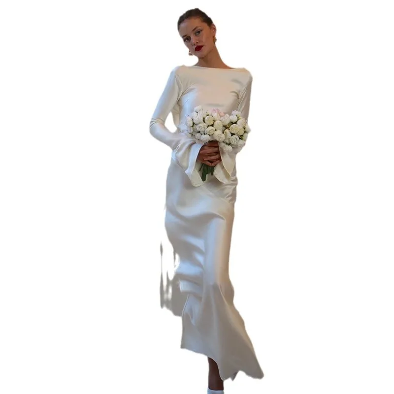 European And American New Elegant Temperament Solid Color Backless Satin High Split Horn Sleeve Long Sleeve Dress