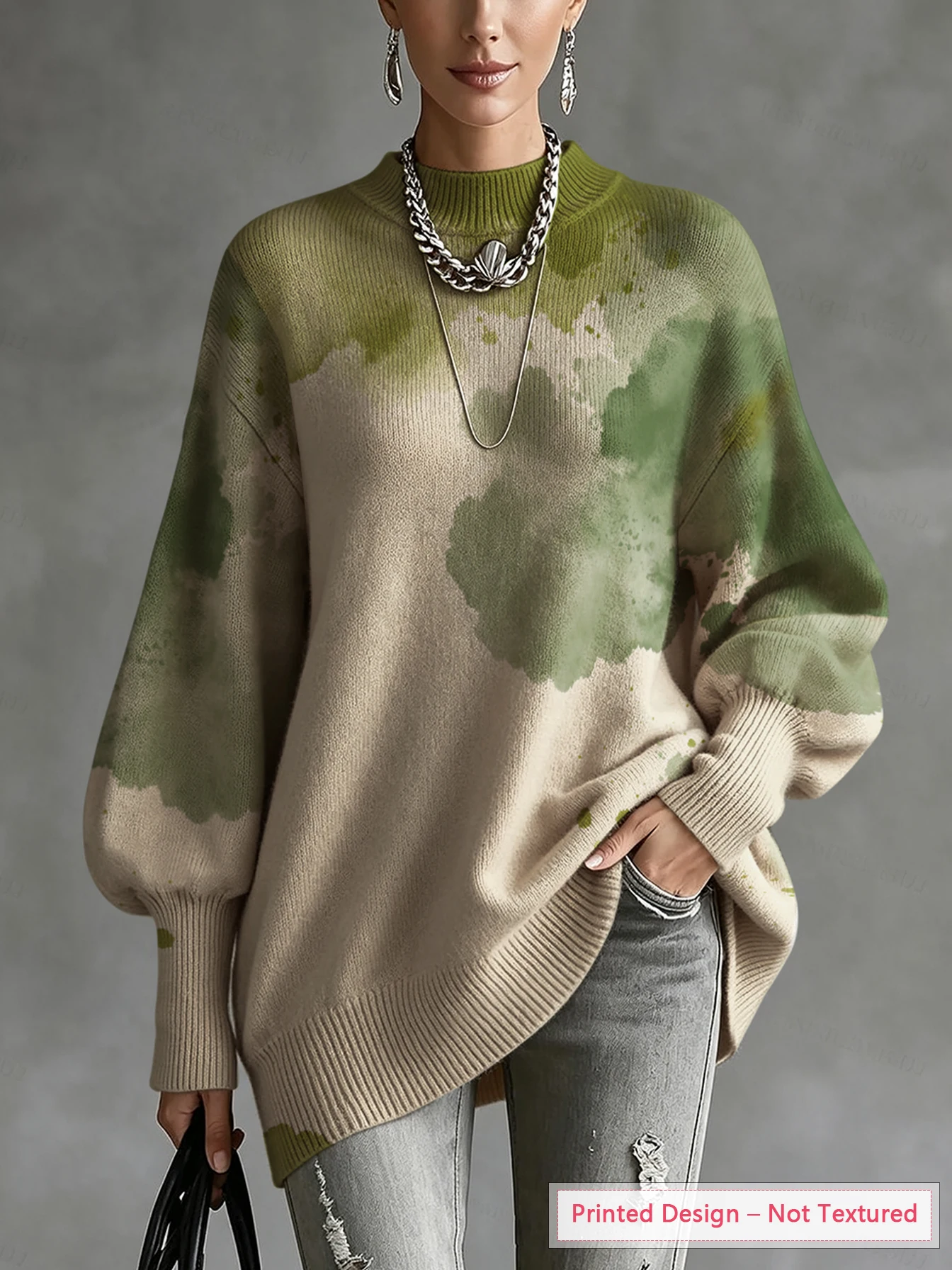 Women's Autumn and Winter Tops, Irregular Hem, Green Retro Tie-Dye Print, Lantern Sleeves, Thin Pullover Sweater