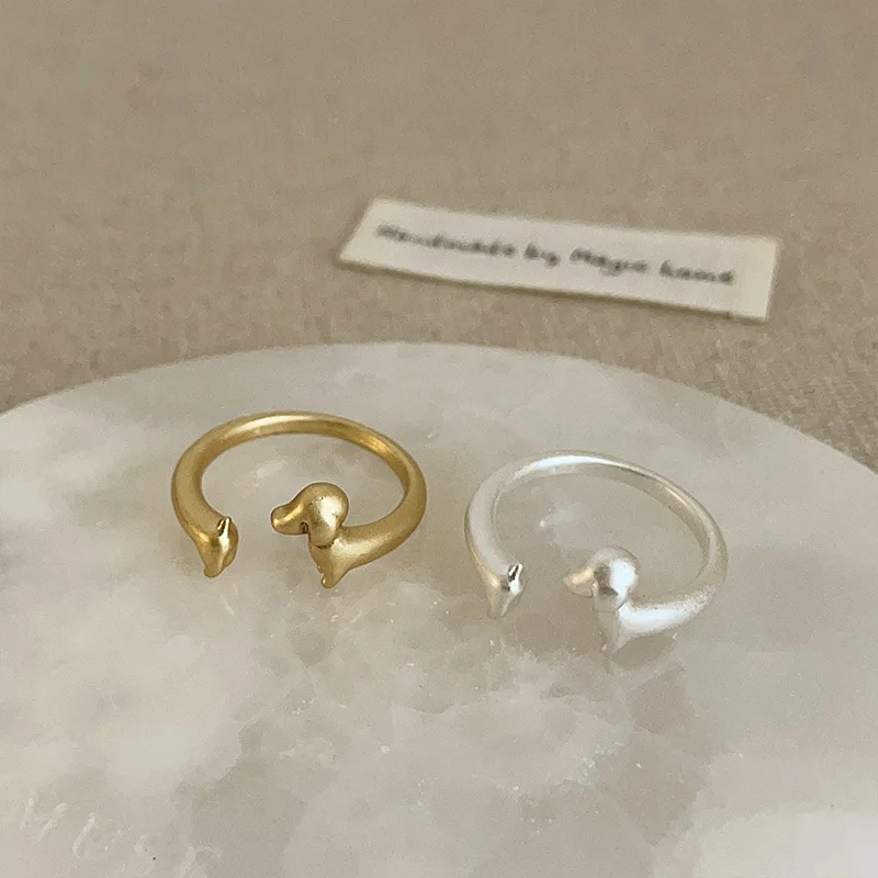 

925 Sterling Silver Adjustable Sausage Puppy Rings for Women Matte Frosted Metal Animal Open Ring Jewelry Accessories