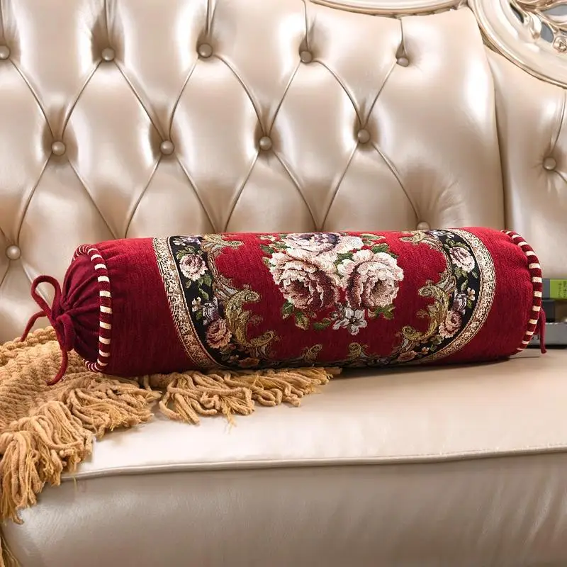 1PC European Chenille Cylindrical Pillow Cover Floral Embroidery Round Bolster Long Cusion Case Neck Back Rest Bed Sofa Decor