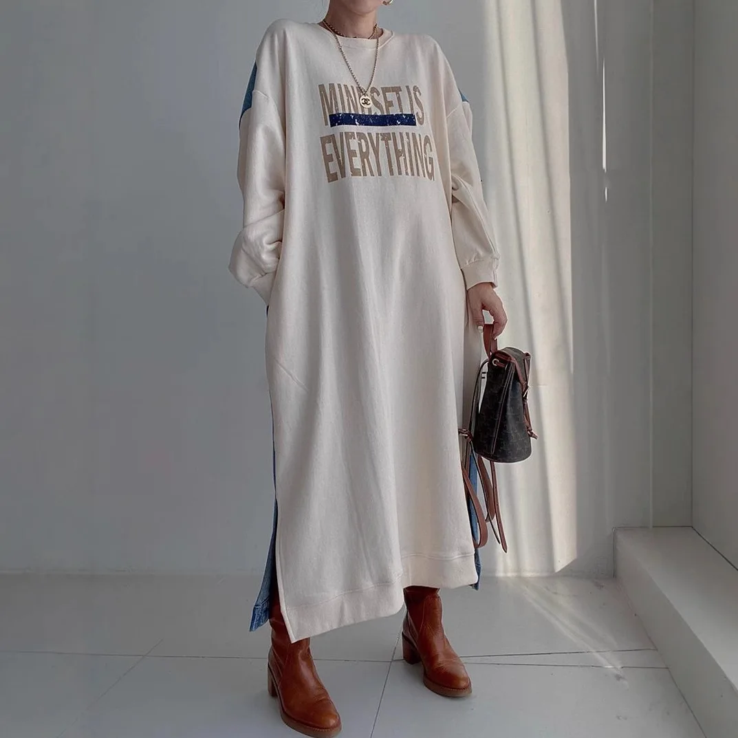 Korean-Style Casual All-Match Letter Print Stitching Denim Design Y2K Loose Long Sleeve Sweat Dress Vestidos