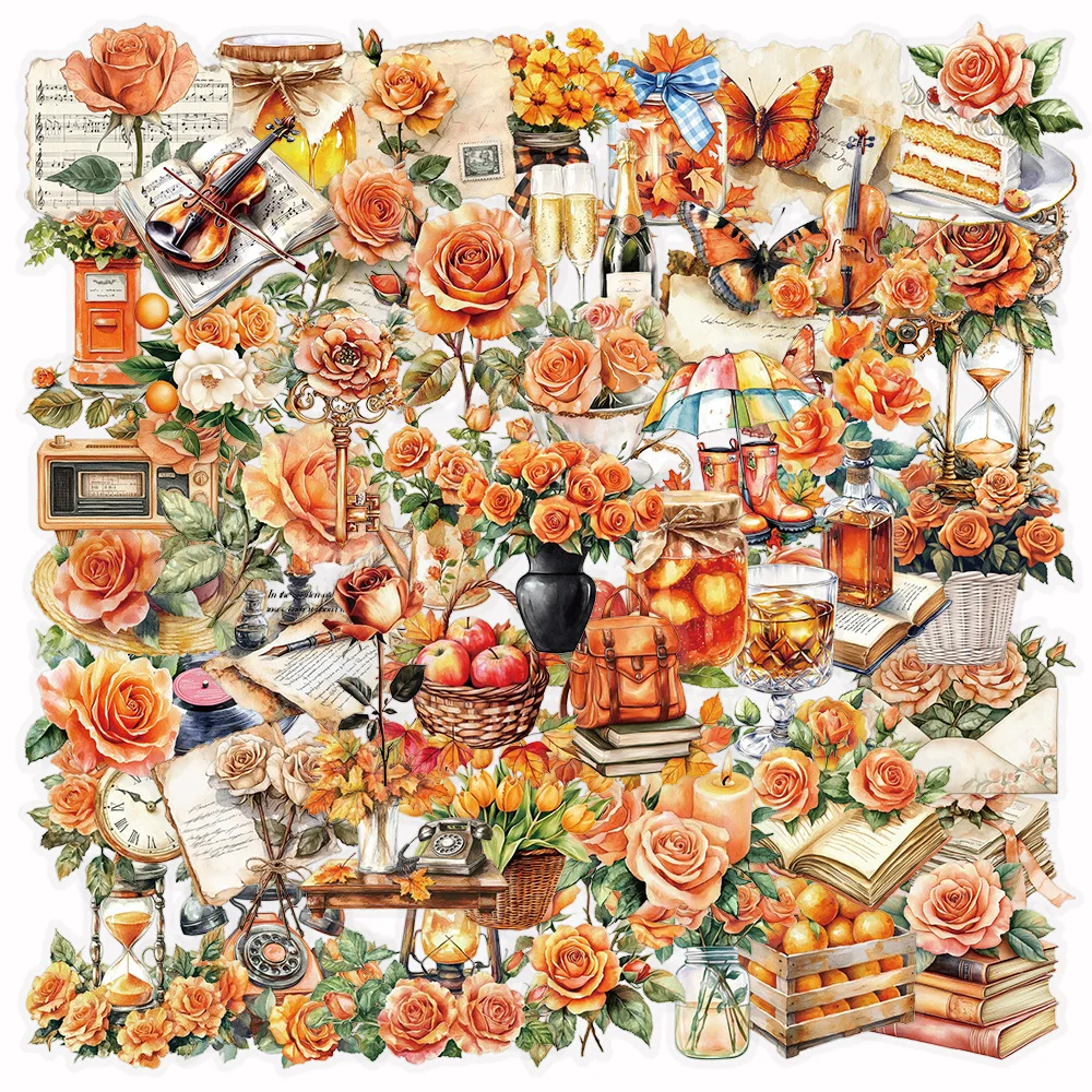 

50PCS Retro Style Orange Flower Stickers Plants Decorative Luggage Luggage Material Stickers Waterproof Stickers Kids Toy