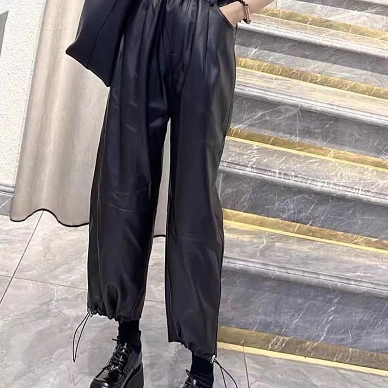 Leather pants for women high waisted loose black fashion casual autumn and winter new styles carrot leg tied Haren pants
