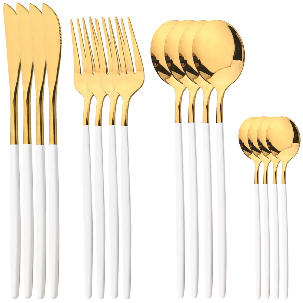 16Pcs Cutlery Set Stainless Steel Mirror TablewareDinner Black Gold Dinnerware Set Knife Fruit Fork Spoon Silverware Kitchen