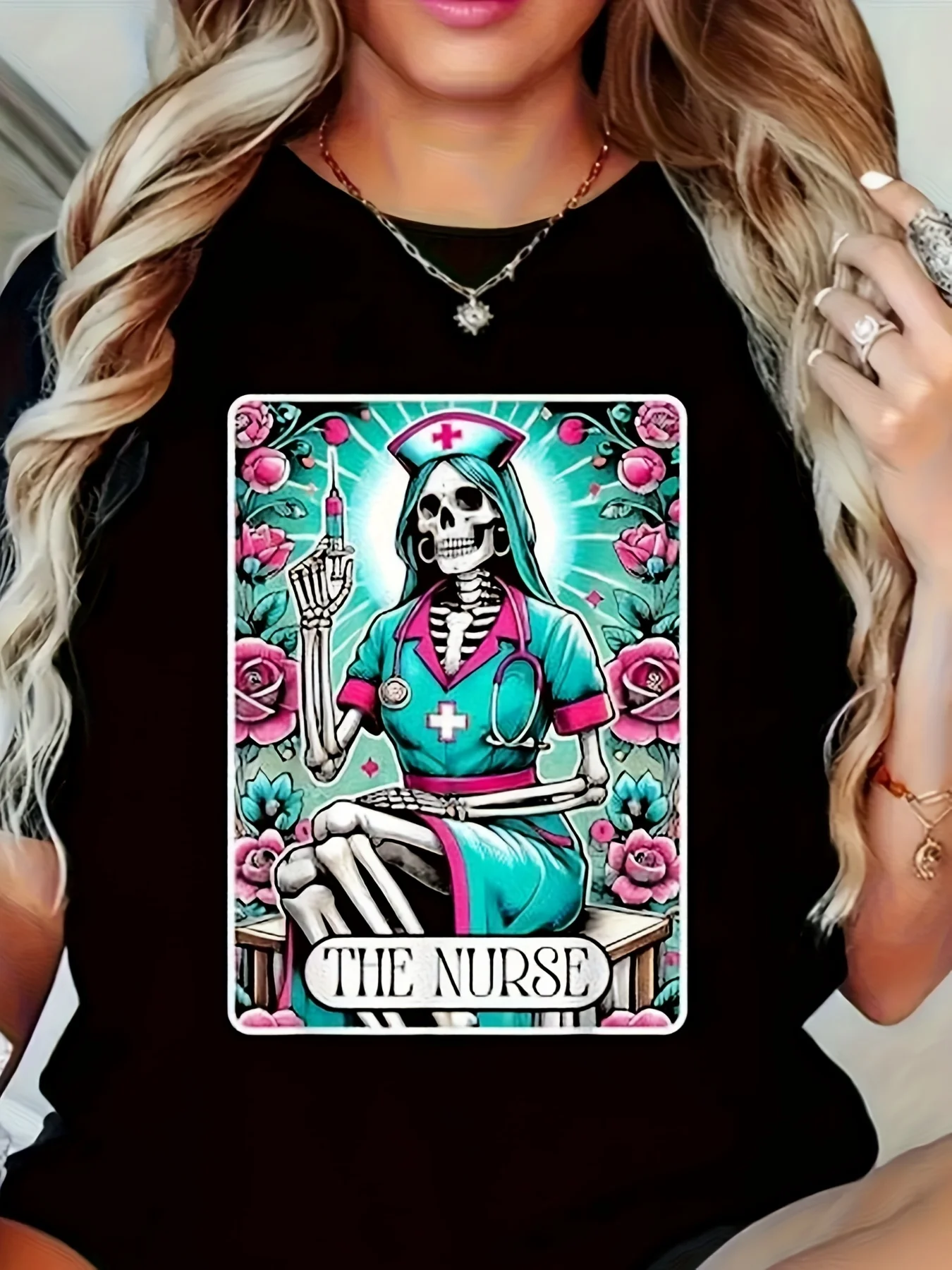 Plus Size, Unisex Gothic Nursing RN Skeleton Nurse Tarot Graphic Tee Halloween Nurse Apparel, Soft Crewneck Shirt for Nurses, Professionals Funny Nursing Gift Idea Black T Shirt, Healthcare Same Style for Men and Women 2025 Summer Short-Sleeved Printed