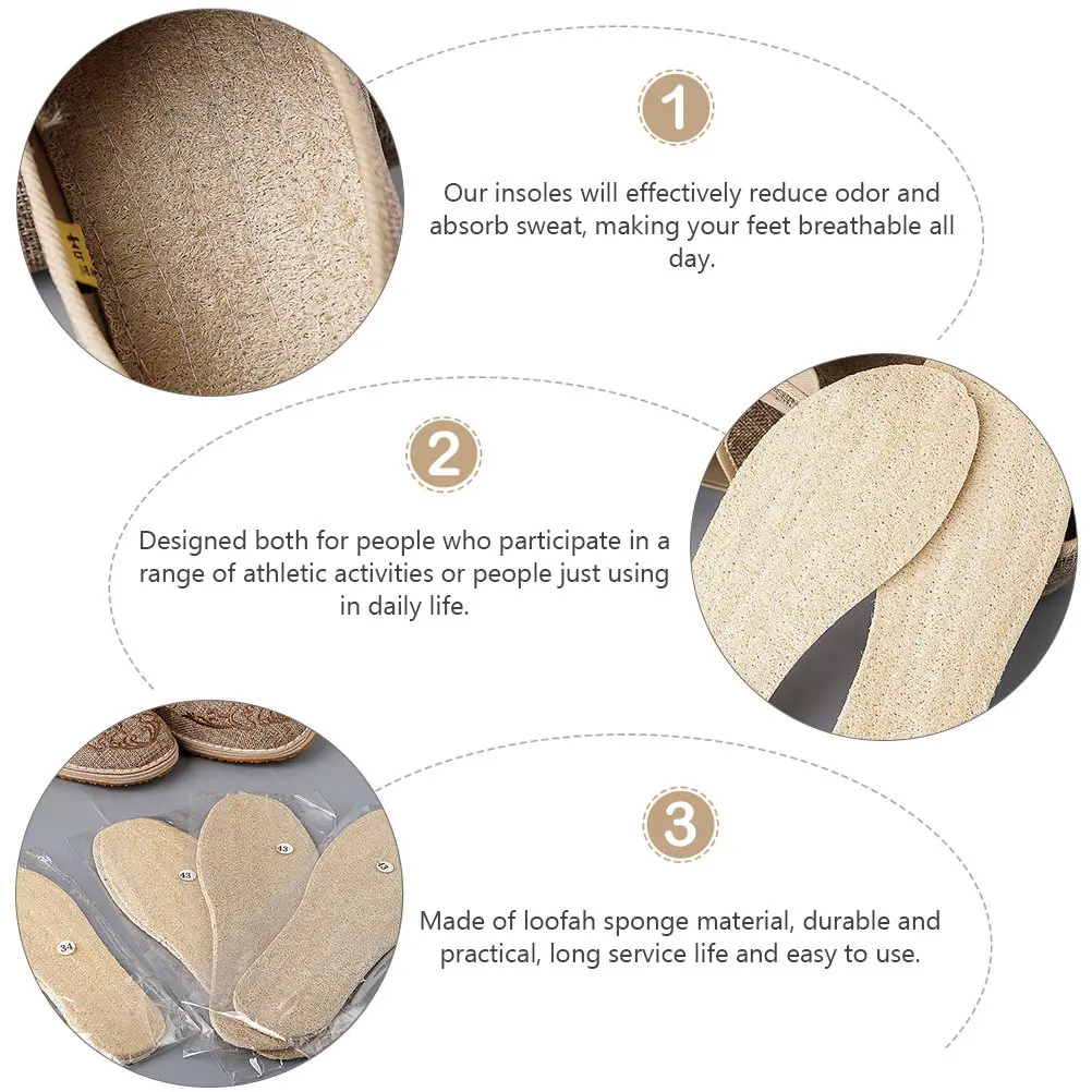 1Pair Resistant Loofah Shoe Insoles Breathable Odor Shoes Inner Sole Sneaker Pads Sweat Absorption Foot Care Inserts