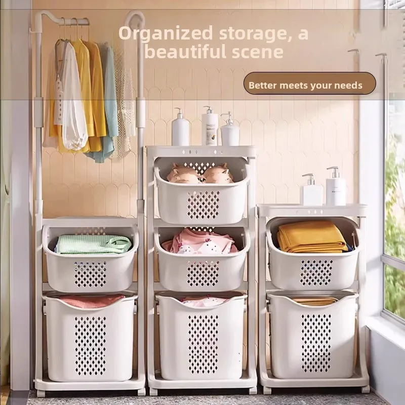 

New Plastic Clothes Storage Rack Dirty Laundry Basket Mobile Bathroom Home Use Organizer Foldable Net Type Laundry Hamper