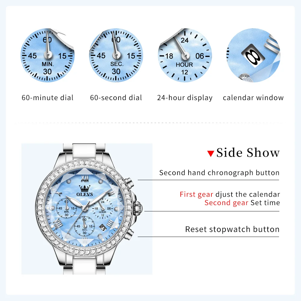 OLEVS 9999 Women's Watches Fashion Luxury Multi-functional Quartz Watches Ceramic strap Waterproof Luminous Date Ladies Watches