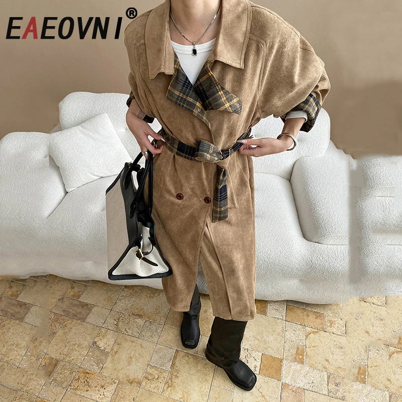 

EAEOVNI Double Sided Design Long Coat Women Suede Lapel Fashion Belt Plaid Windbreaker Vintage 2025 Autumn Winter New Clothing