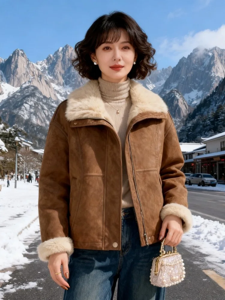 

Ladies Thiened Warmth Fur Leather Inteated Autumn Winter New Sle Outerwear Fce Lined Versatile High Quali Mom Coat