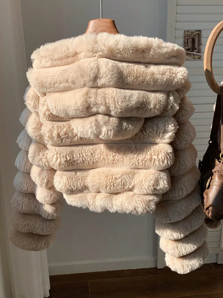 Soft Cozy Plush Faux Rabbit Fur Hooded Coat for Women Horizontal Cropped Padded Jacket Women Winter Casual Zipper Warm Outerwear