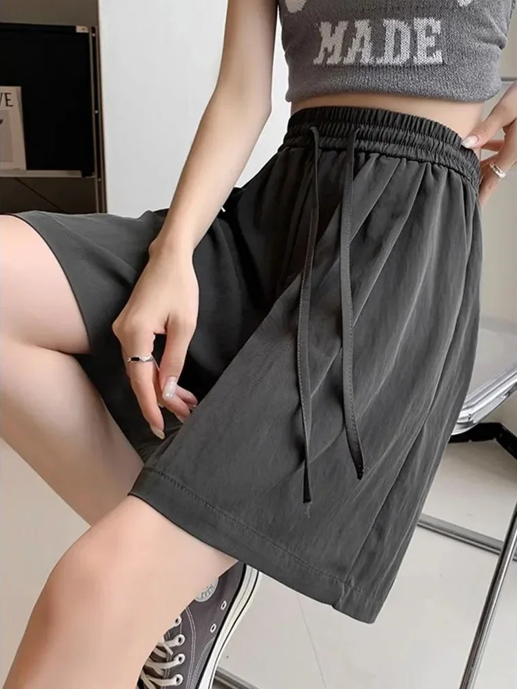 Summer High Waisted Ice Silk Shorts for Women Oversized Solid Straight Leg Pant Female Versatile Casual Thin Cropped Half Pants