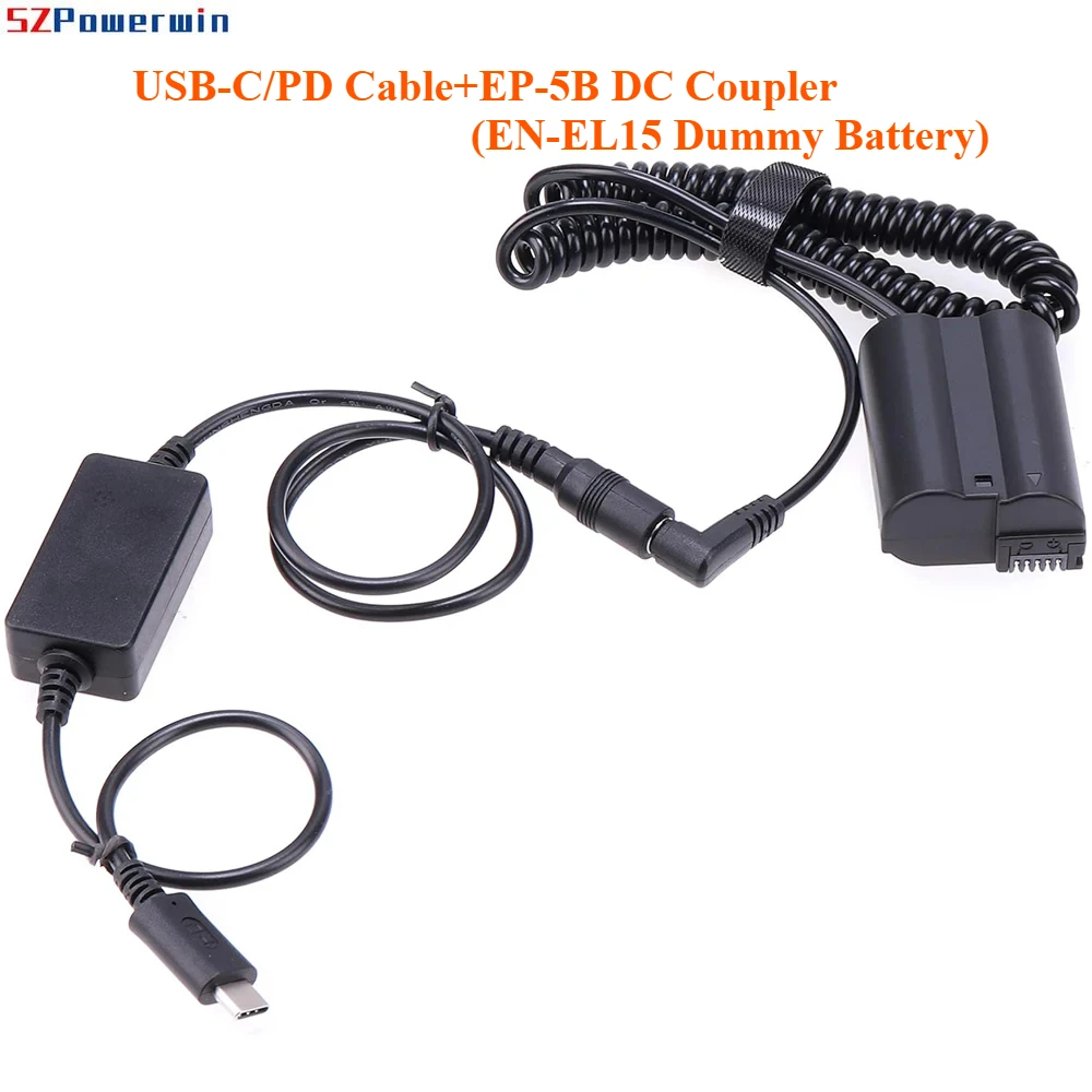 

USB-C Adapter Cable + EP-5B DC Coupler Replace EN-EL15 Battery for Nikon D850 D810 D810A D800E D750 D610 D600 D7200 D7100 Z5 Z6