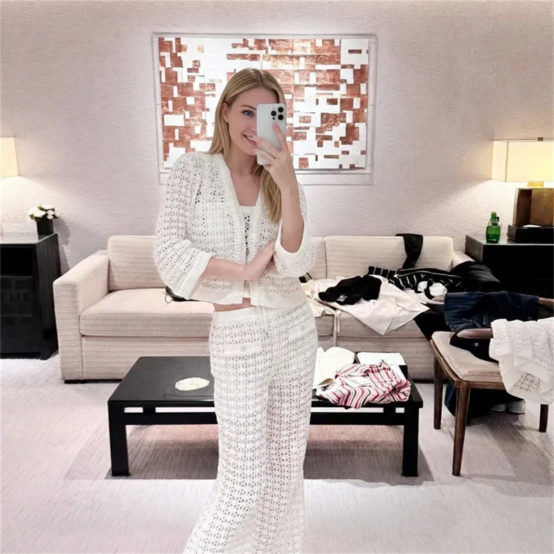 Women's New Fashion White Hollow-Out Knitted Flared Pants Crochet High-Waisted Pants view 4