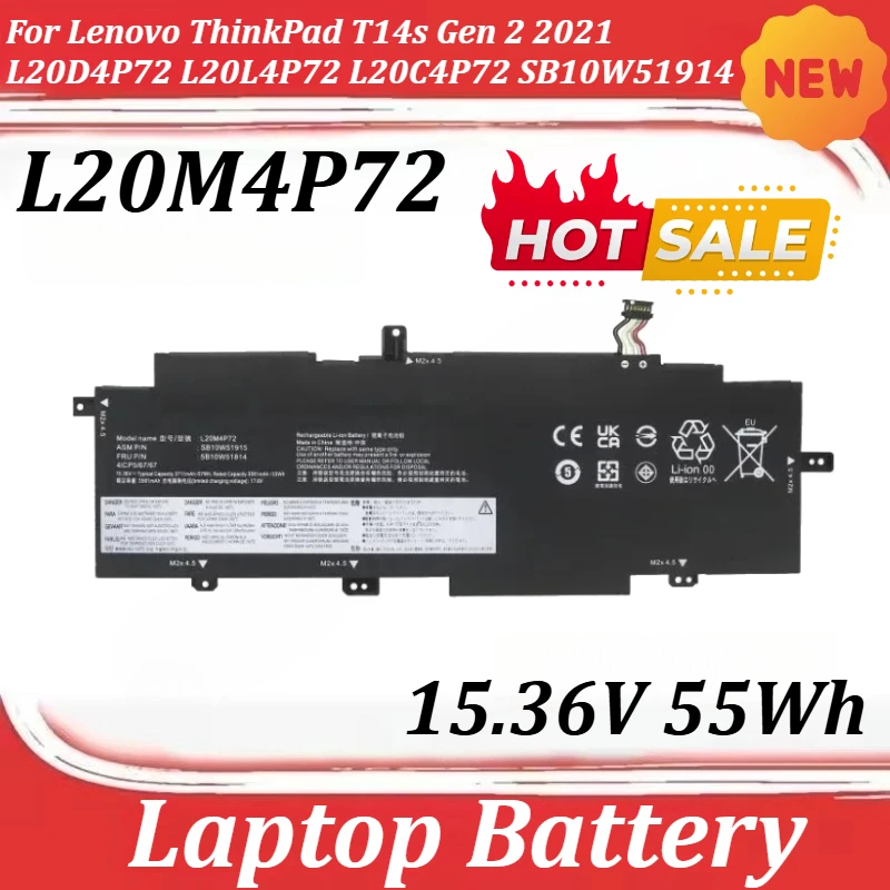 

L20M4P72 15.36V 55Wh High-Quality Laptop Battery for Lenovo ThinkPad T14s Gen 2 2021 L20D4P72 L20L4P72 L20C4P72 SB10W51914