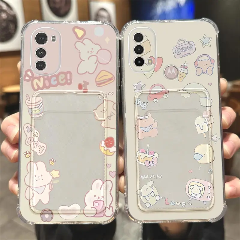 E 40 Cute Animal Transparent Card Pocket Phone Case For Motorola Moto E40 E20 E32 G52 G31 G22 G9 G50 EDGE 20Pro 20Lite 20F Cover