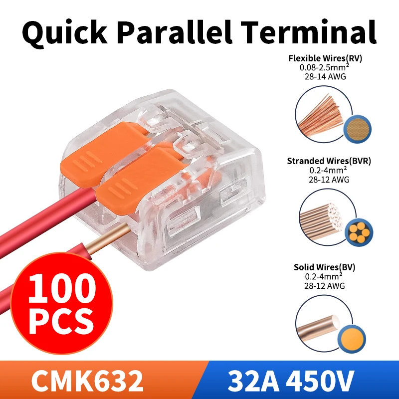 

JINH 100 Pcs CMK632 Quick Lever Parallel Electrical Connector Compact Wiring Splitter Terminal 0.2-4.0mm² Fast Connection