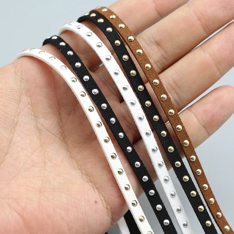 5meters 5mm width Fine muntjac velvet leather dough leather strip leather rope hot diamond rivet  strip punk collar necklace