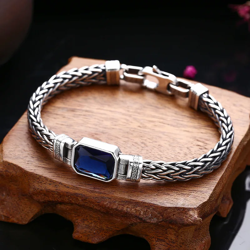 925 sterling silver hand-woven bracelet thick type men's blue zircon trendy Thai silver retro distressed ornament