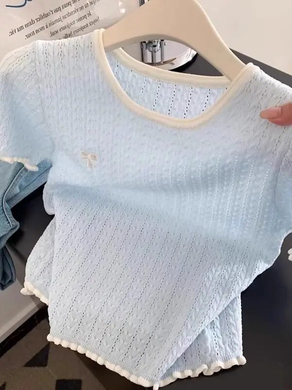 

plus Size Knot Embroidered Ice Silk Knitted Short Sleeve T-Shirt Women Summer Slimming Top Color Block round Neck
