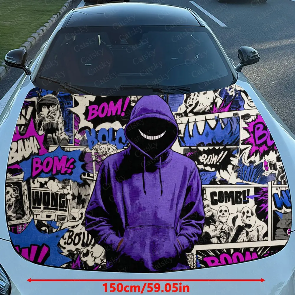 Purple Graffiti Style Mysterious Person Pattern Car Hood Sticker, Automotive Exterior Customization, Durable PVC Vinyl Wrap