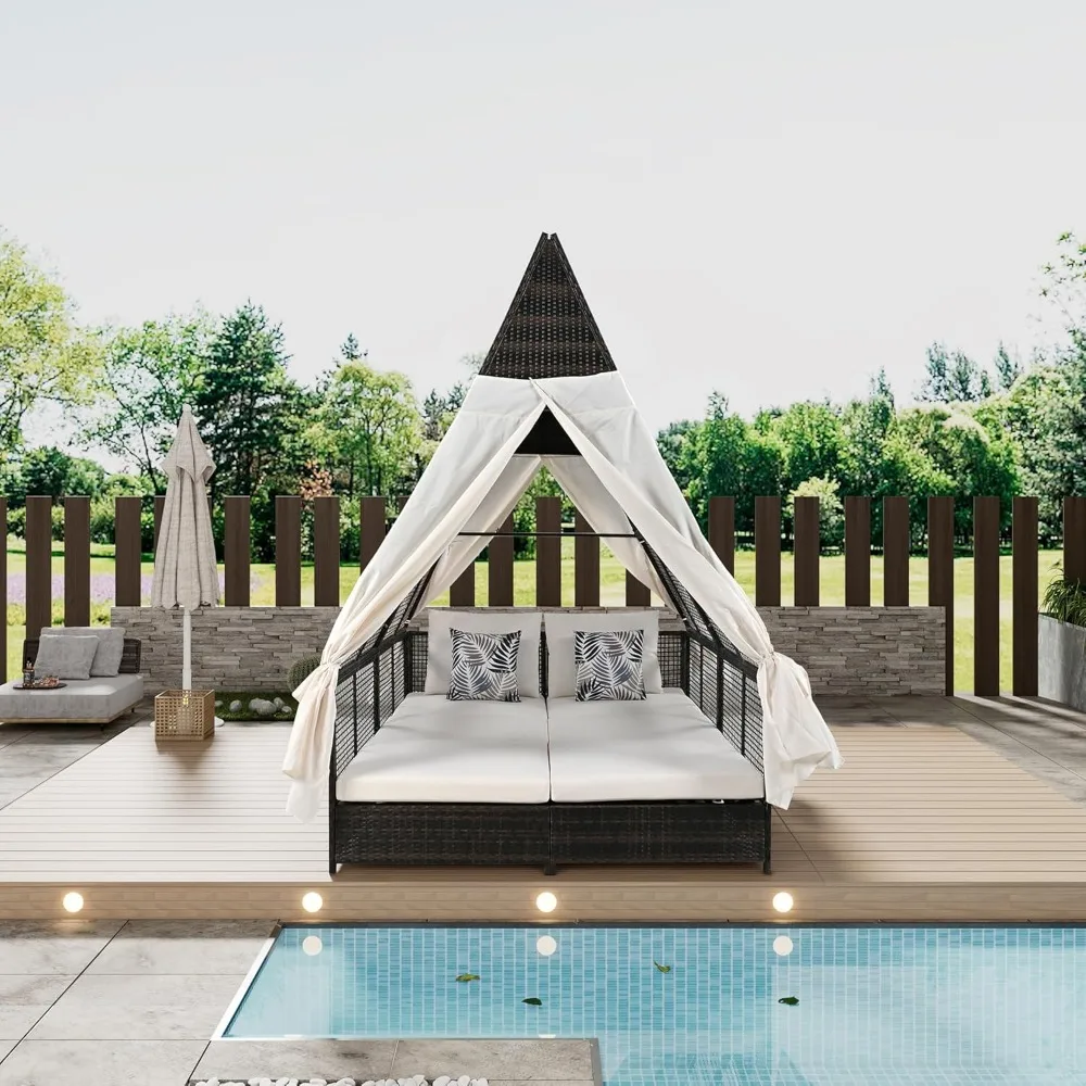 

Outdoor Daybed Patio Lounge Bed,Sun Lounger with Adjustable Backrest,Curtains and 4 Pillows,for Garden Patio Poolside Balcony