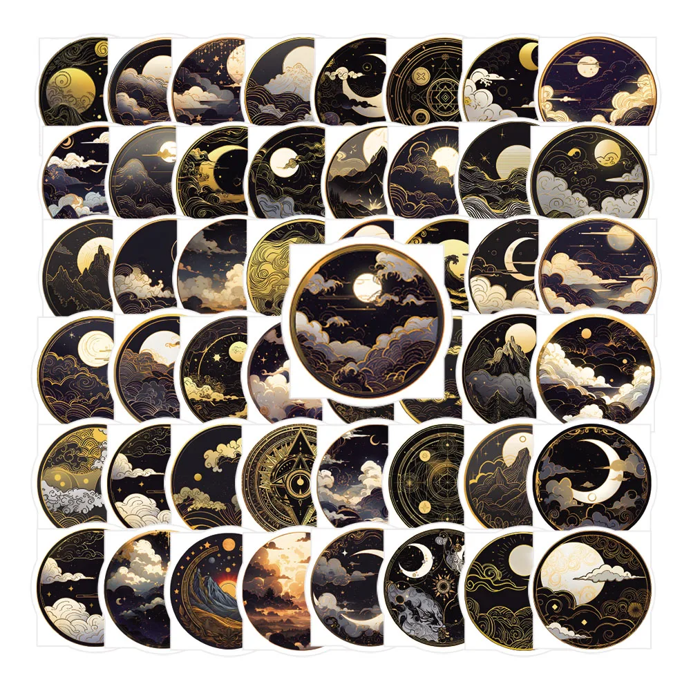 50 pegatinas negras y doradas de sol y luna para funda de teléfono, portátil, maleta, monopatín, pegatinas estéticas DIY