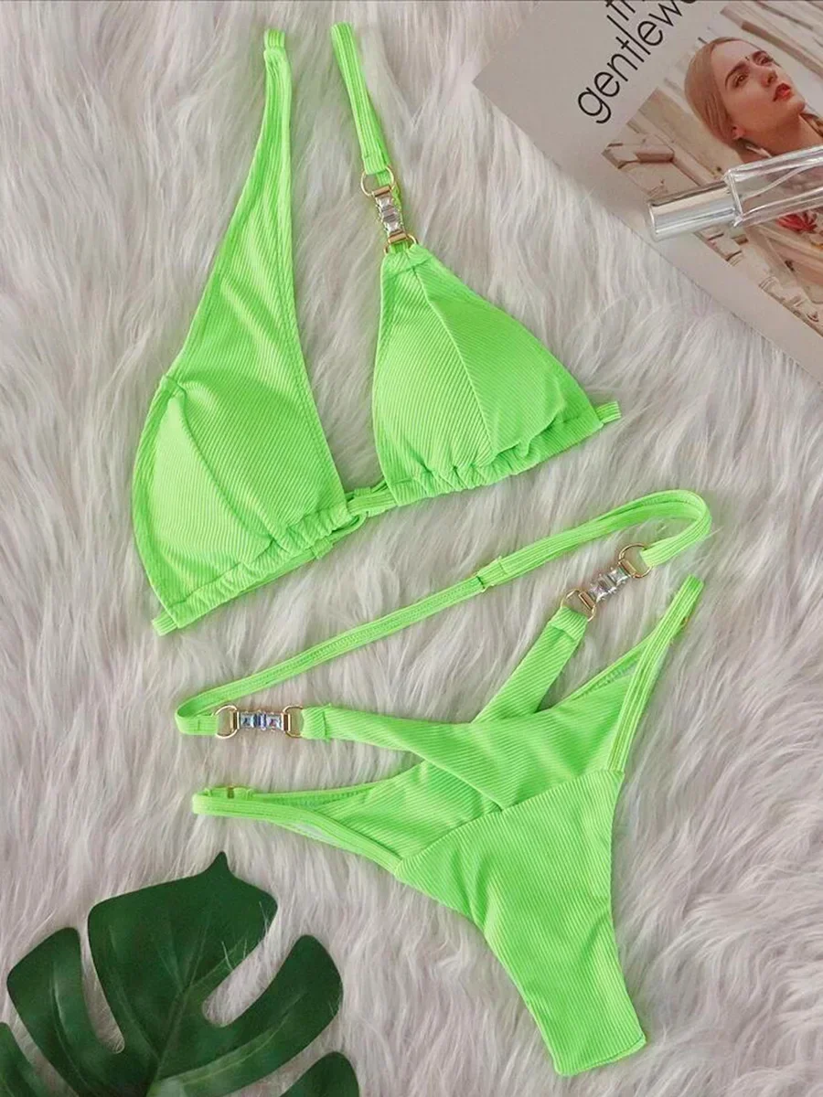 High Cut Diamond Bikinis One Shoulder Bikini 2025 Female Swimsuit Women Swimwear Two-pieces Bikini Set Ribbed Bathing Suit Swim