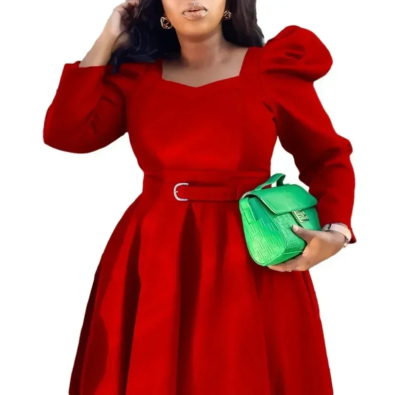

Puff Sleeve A-line Dress African Long Dresses for Women 2024 Fall Sale Evening Party High Waist Belt Robe Femme Plus Size Ladies