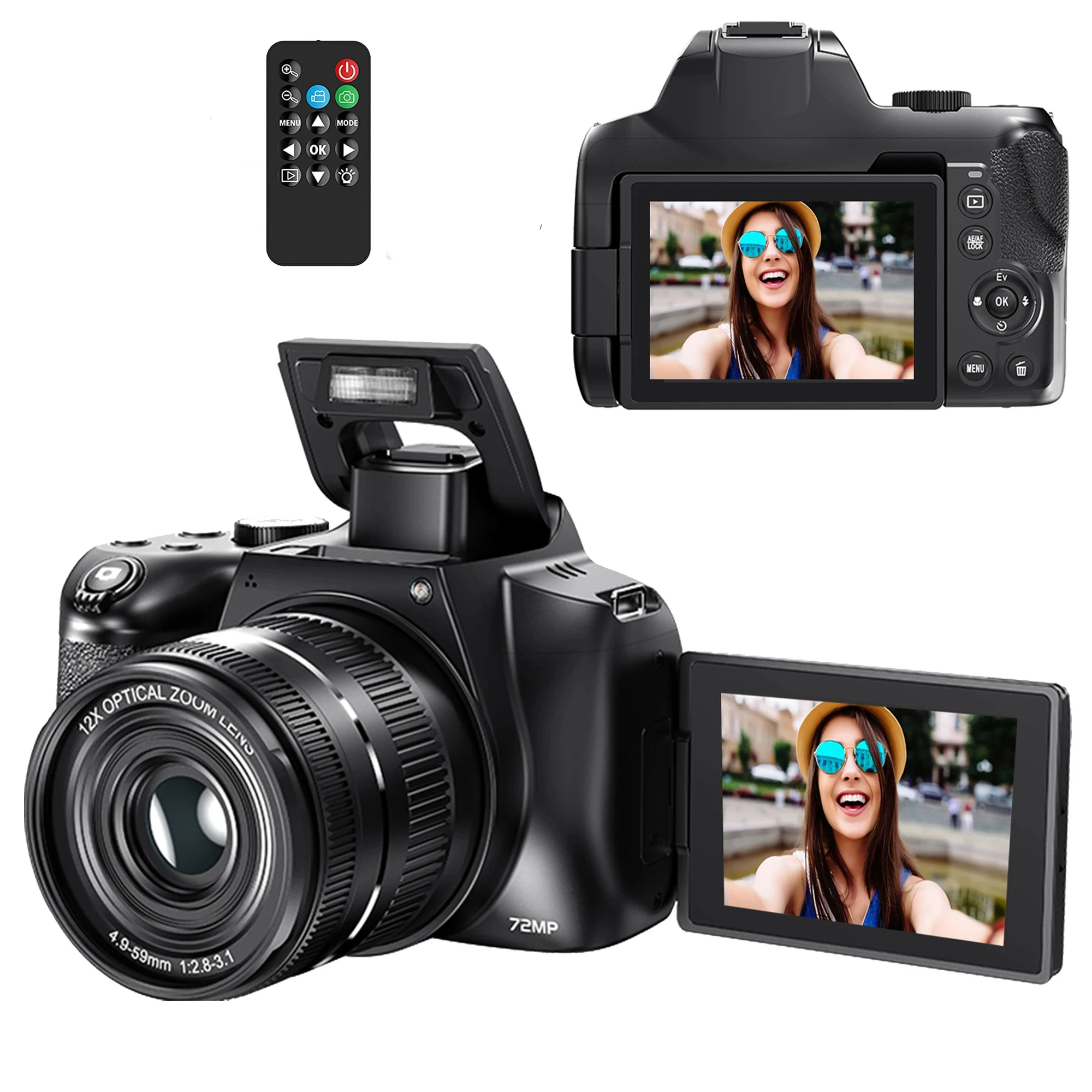 كاميرا SLR رقمية للتصوير الفوتوغرافي 4K 12X زووم بصري 72 ميجابكسل كاميرا فيديو يوتيوب 270 ° كاميرا ويب Selfile DSLR بشاشة قلابة