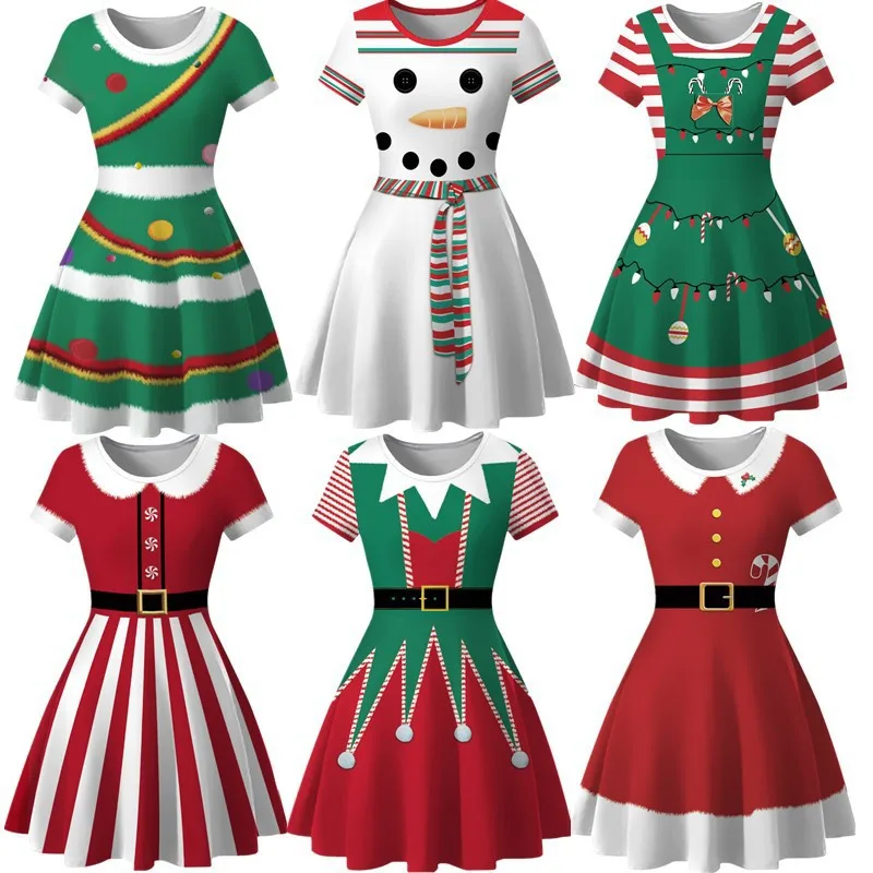 Christmas Cosplay Costumes for Women Vintage Dress Holiday Party Snowflake Print Clothes Female A-Line  Dress Mujer