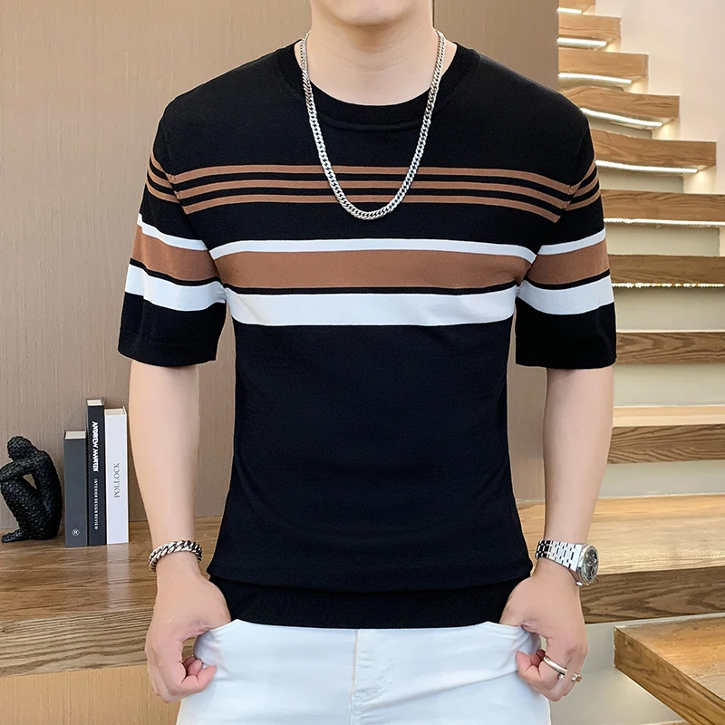 2024 Summer Ice Silk Knitted T-shirt for Men Short Sleeve Round Neck Casual T-shirt Slim Striped Business Social Tee Tops M-4XL